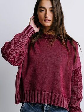 Bohme “Peyton Knit Sweater” Berry-Tone Textured Sleeve Crewneck